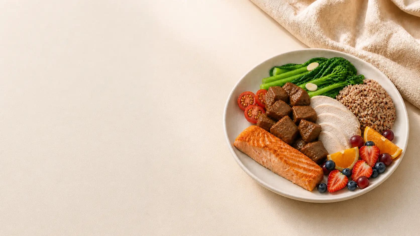 晨光下包含三文鱼、炖牛肉、鸡胸肉、杂粮饭、菜心和水果的均衡餐食